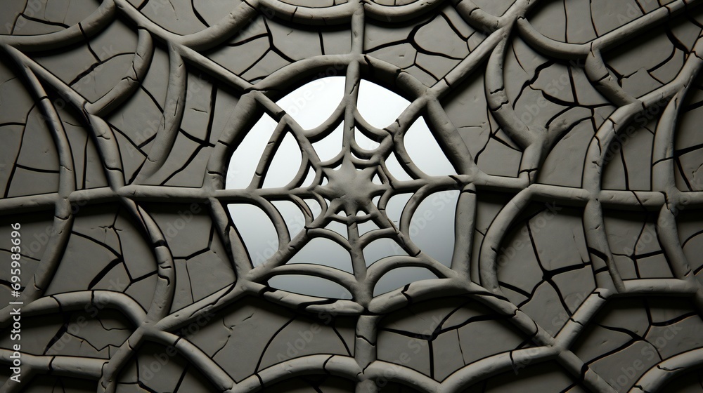 Wall mural intricate spiderweb dew. a macro view capturing the intricate details of a spiderweb adorned with de