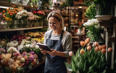 Young woman using digital tablets at his own flower shop