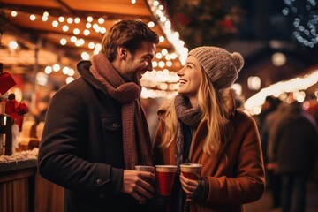couple in love on romantic date at Christmas market with festive lights drinking hot wine drinks - obrazy, fototapety, plakaty