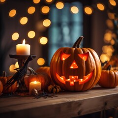 halloween jack o lantern pumpkin with candles and lights bokeh  home decoration