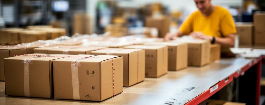 des cartons pr&ecirc;ts &agrave; &ecirc;tre exp&eacute;di&eacute;s pos&eacute;s sur une table de pr&eacute;paration de commande, employ&eacute; flou en arri&egrave;re-plan