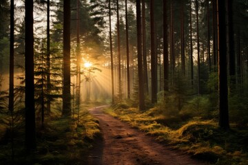 Enchanting sunbeams filtering through a misty forest, casting mesmerizing rays of sunlight