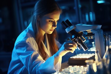 Scientific Precision Serious and Concentrated Female Microbiologist Conducts Research with Utmost Focus in a State-of-the-Art Laboratory Setting. created with Generative AI