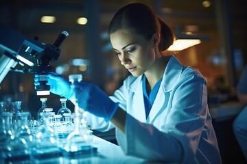 Scientific Precision Serious and Concentrated Female Microbiologist Conducts Research with Utmost Focus in a State-of-the-Art Laboratory Setting. created with Generative AI