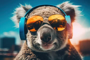 Poster Wireless Koala headphones. Nature music animal. Generate Ai © juliars