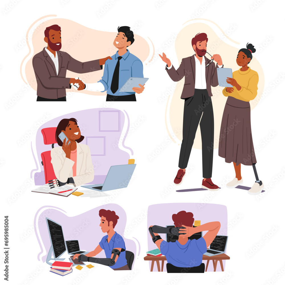 Poster diverse and resilient characters with disabilities contribute skillfully in office environment, show
