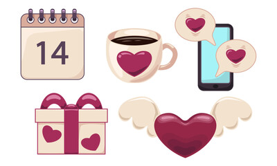 Set of love icons with angel wings and hearts. Illustration for Valentine's day. Vector flat cartoon design of graphic element. App vector icon.	