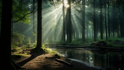 Enchanting misty forest with sunbeams and ethereal sunlight rays illuminating the scenic landscape