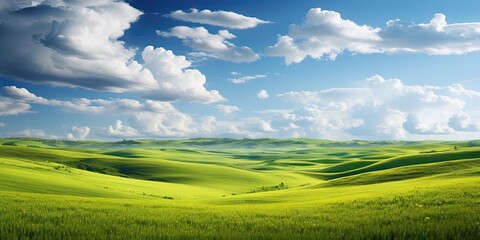 Landscape captures essence of vibrant summer day in countryside. Expansive field dressed in lush greenery stretches out under vast blue sky adorned with fluffy white clouds