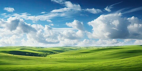 Obraz premium Landscape captures essence of vibrant summer day in countryside. Expansive field dressed in lush greenery stretches out under vast blue sky adorned with fluffy white clouds