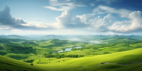 Obraz premium Landscape captures essence of vibrant summer day in countryside. Expansive field dressed in lush greenery stretches out under vast blue sky adorned with fluffy white clouds