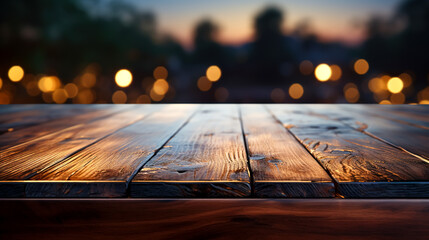 Surface of a wooden table on a blurred nature background with bokeh. - obrazy, fototapety, plakaty