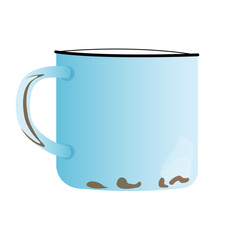 Icon blue metal mug with rust with tea. Iron coffee cup isolated on transparent and white background. Kitchenware element closeup for design decoration. Vector cartoon 3D illustration.