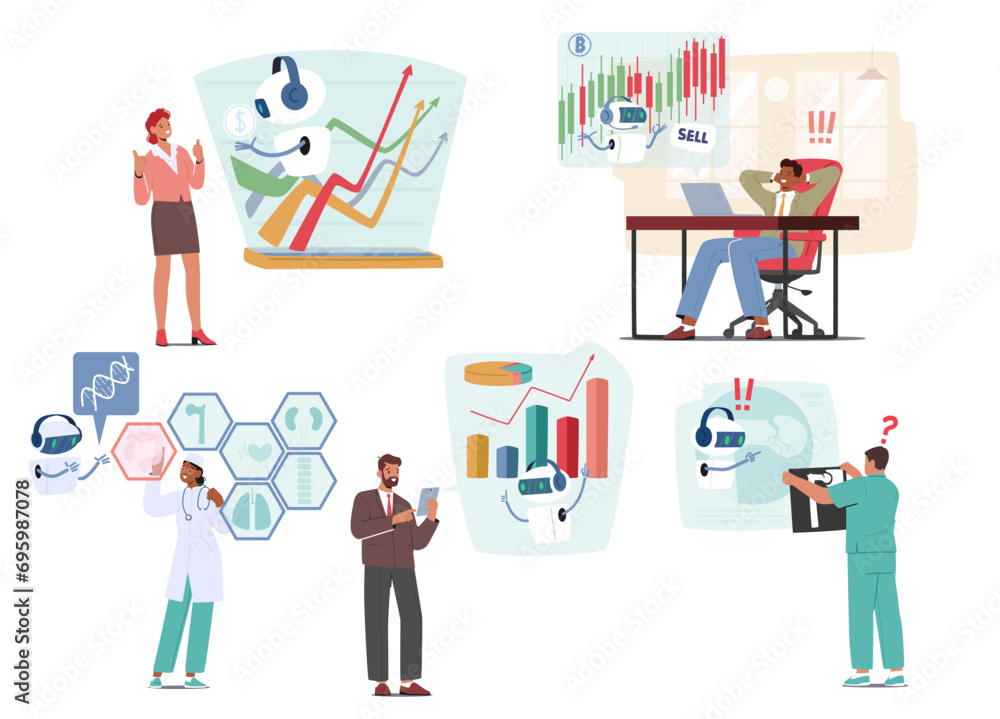 Poster set of characters use artificial intelligence assistant in various fields such as business, medicine