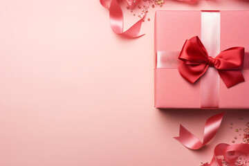 Top view pink gift box at the border, adorned with vibrant red ribbon,Valentine's day, set against a soft pastel pink backdrop