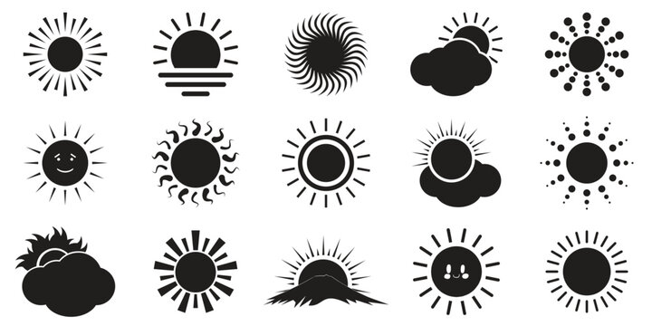 Sun Rays Stamp Boho Tattoo Ethnic Black Silhouette Set. Trendy Sticker Weather Symbol Stylized Design Mystical Decor Cover Sticker Social Network Stories Collage Minimal Print Ethno Isolated On White