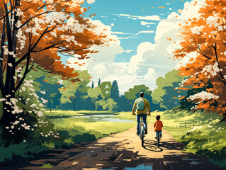 A Happy Family on a Relaxing Bicycle Ride Through a Blossoming Park   Ideal for Family Outdoor Activity Text Space