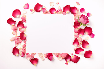 Rose flower petals forming frame around white empty paper