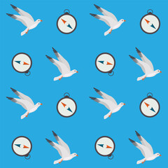 Nautical seamless pattern. Vector seagull and compass on blue background.  - obrazy, fototapety, plakaty