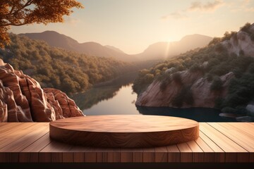 Wooden product display podium with jungle, mountain, and river background, Tropical rainforest valley landscape, 3d render illustration
