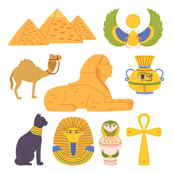 Egypt Landmarks and Religious Elements Set. Pyramids Of Giza, Sphinx, Pharaoh Mask and Scarab with Sun, Cross Ankh