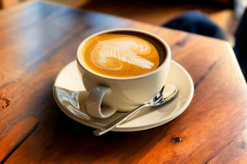cup of coffee on wooden table