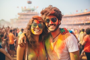 Young Indian couple, enjoying at the Holi festival, covered in colored powders on a crowded street - Powered by Adobe