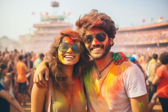 Young Indian couple, enjoying at the Holi festival, covered in colored powders on a crowded street