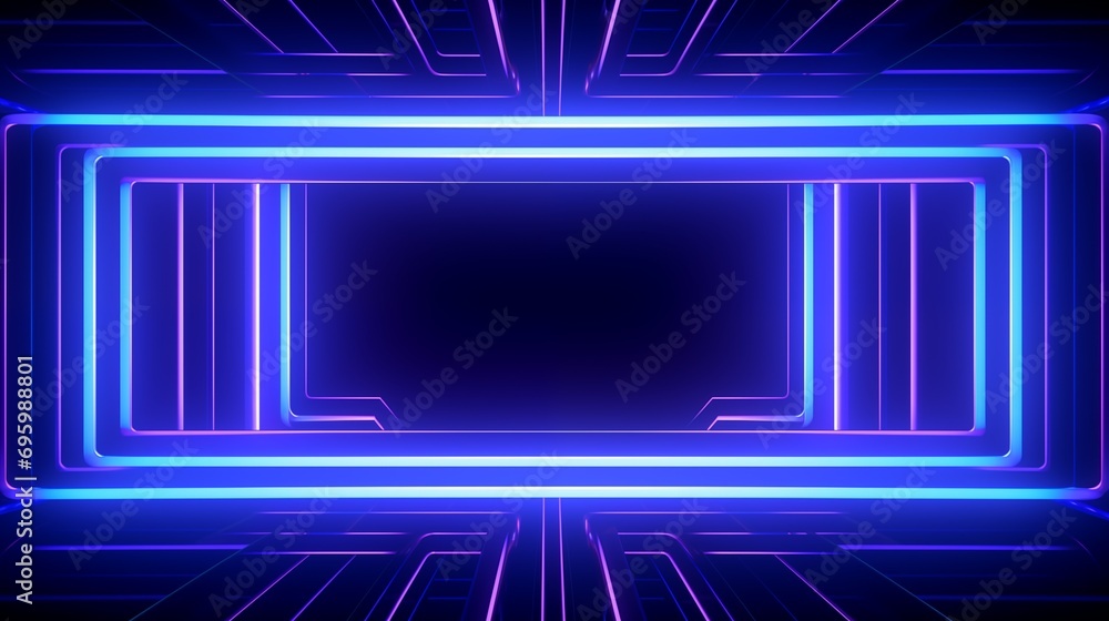 Poster purple grids neon glow light lines design on perspective floor, 3d technology abstract neon light ba