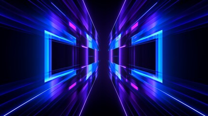 Purple grids neon glow light lines design on perspective floor, 3d technology abstract neon light background. Abstract flight in retro neon hyper warp space in the tunnel. 