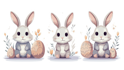 vector illustration set, cute Cartoon Rabbit with Easter Eggs or flowers. Decoration element. Set of cute easter bunnies. Easter bunny with eggs. Beautiful design element. Decoration for school, menu,