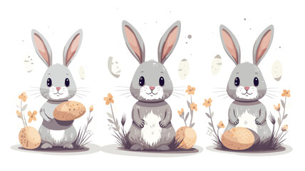 Fototapeta premium vector illustration set, cute Cartoon Rabbit with Easter Eggs or flowers. Decoration element. Set of cute easter bunnies. Easter bunny with eggs. Beautiful design element. Decoration for school, menu,