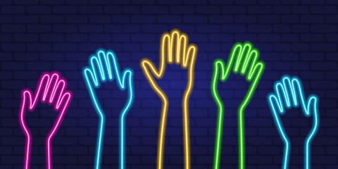 Hands raised up. Neon style image. Hand gestures. Vector illustration