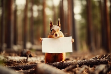 Squirrel holding a banner protesting against deforestation and destruction of wild life natural habitat