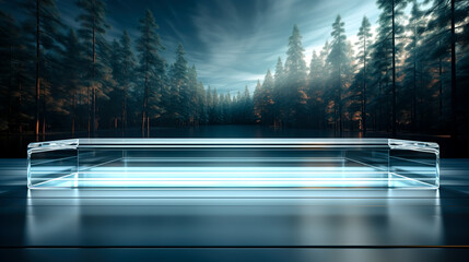 Front view of transparent podium and blank space on dark nature background. - obrazy, fototapety, plakaty