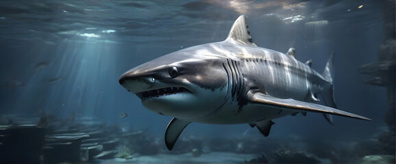 Big old shark swimming underwater, it drak outsite, casting a faint glow on the mackerel swimming in a tank beside him