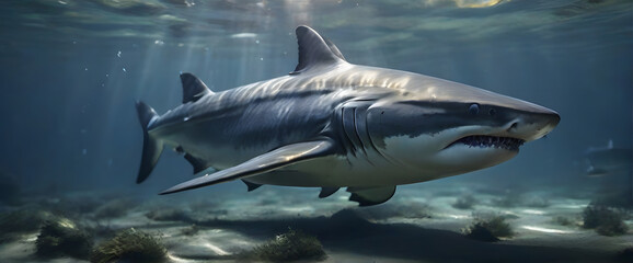 Fototapeta premium Big old shark swimming underwater, it drak outsite, casting a faint glow on the mackerel swimming in a tank beside him