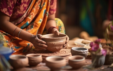 Young woman making clay pottery on the table - obrazy, fototapety, plakaty
