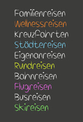 Angebotspalette, rund um das Reisen, Kreideschrift