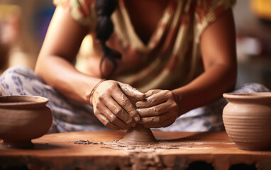 Fototapeta na wymiar Young woman making clay pottery on the table
