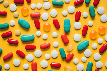 Medicine drugs pharmacy prescription health background vitamin painkiller pharmaceutical treatment medication capsules antibiotics - obrazy, fototapety, plakaty