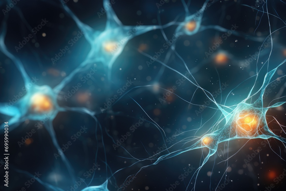 Poster 3d rendering of neuron cell with glowing particles, computer generated abstract background, backgrou