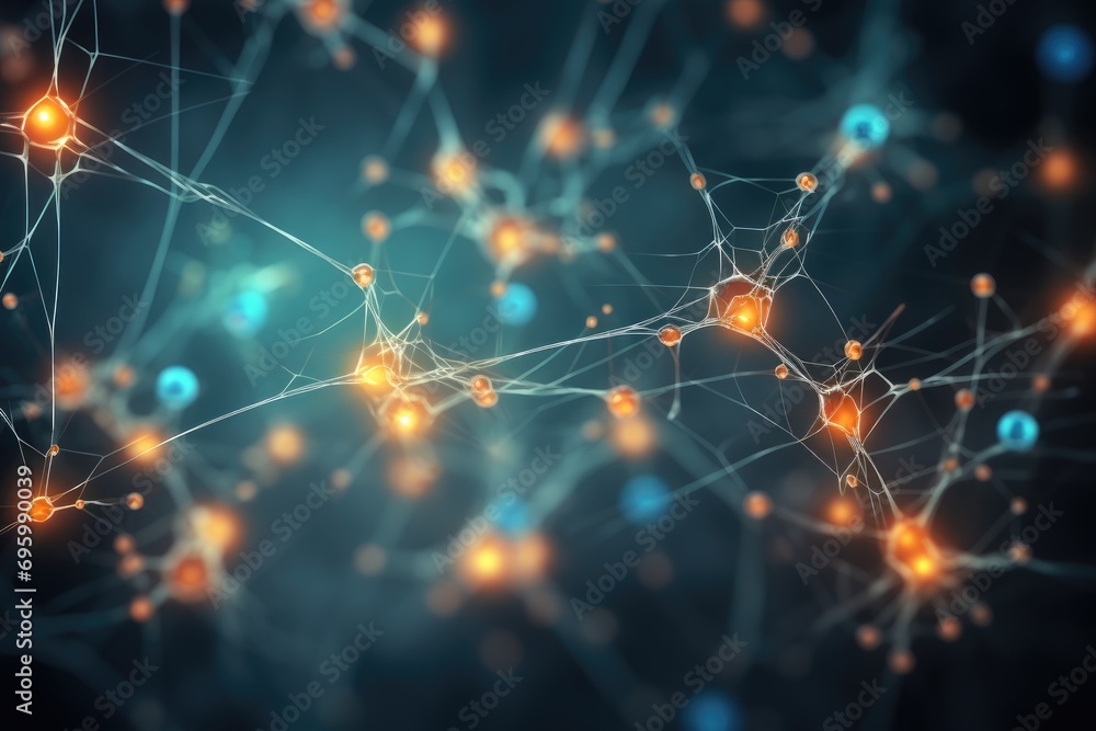 Poster 3d rendering of neuron cell with glowing particles, computer generated background, background from n
