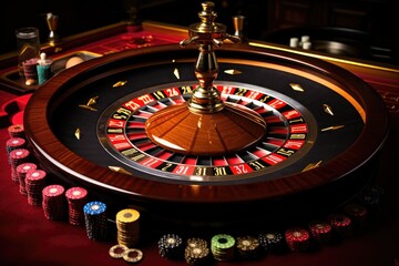 Roulette table in casino, close-up. 3d rendering, Casino roulette wheel in motion on a colorful background, AI Generated