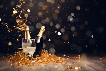 Two champagne glasses with golden confetti on bokeh background, Celebration background with confetti and gold balloons, AI Generated