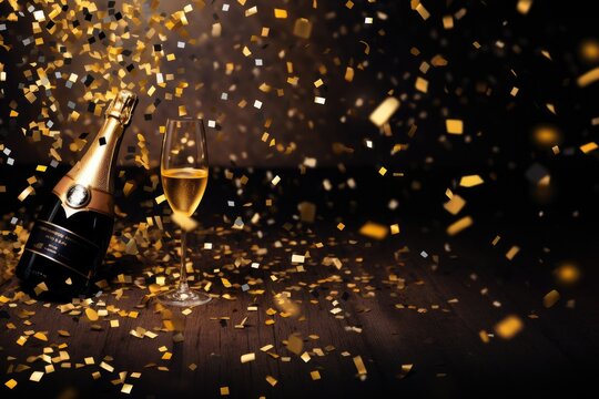 Champagne bottle and glasses on wooden table with golden confetti, Celebration background with confetti and gold balloons, AI Generated
