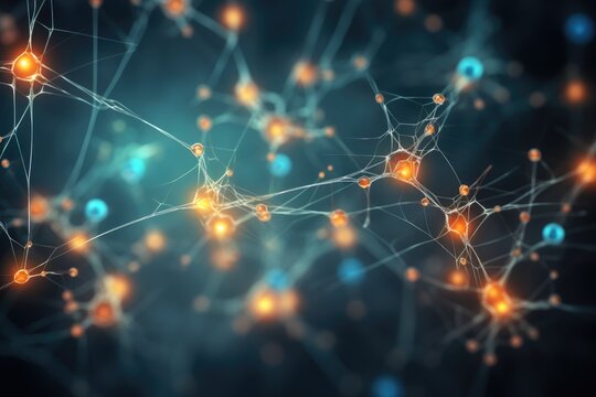 3d rendering of neuron cell with glowing particles, computer generated background, Background from nerve cells or neural networks with cell activity between each other, AI Generated