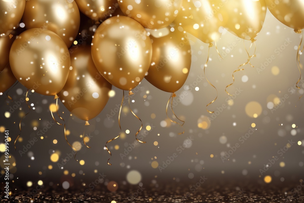 Poster gold balloons with confetti on bokeh background. 3d rendering, celebration background with confetti 