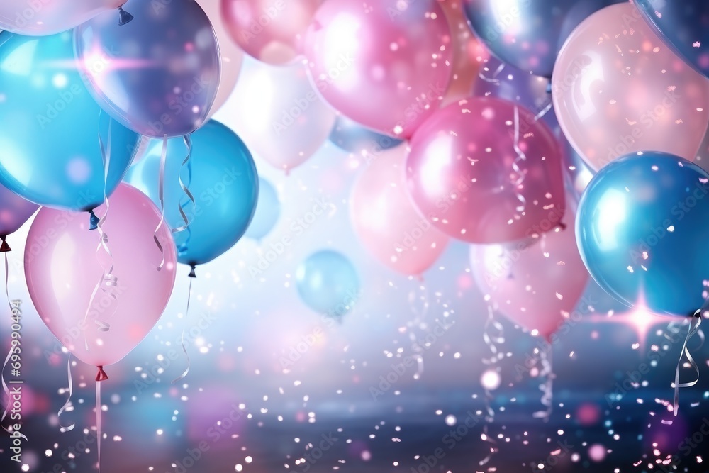 Poster colorful balloons background with bokeh effect. 3d rendering, celebratory background with pink and b