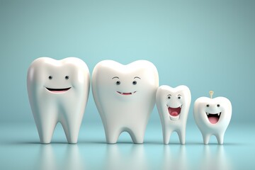 3d rendering of a group of white teeth with tooth crowns, bright picture of white cute funny...
